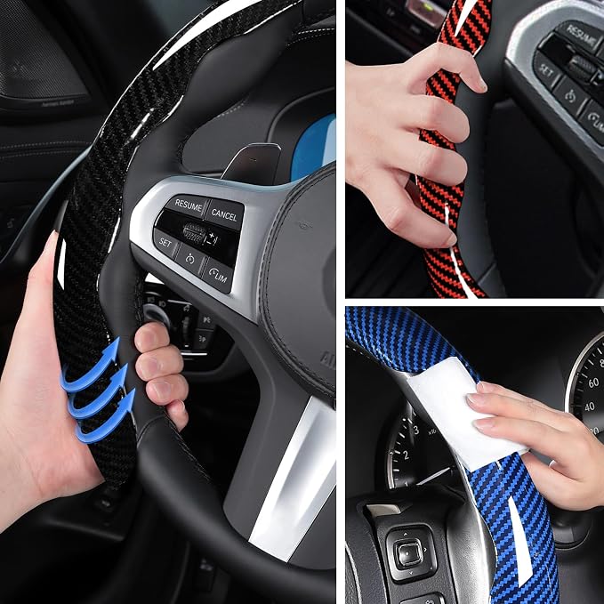 Carbon Fiber Steering Wheel Cover 3pcs Set Car Steering Wheel Accessories 14.5-15 inch Universal (Black Red Blue)