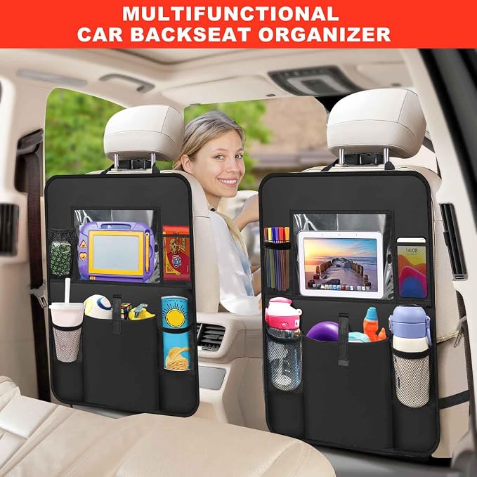 2 Pack Car Backseat Organizer with Touch Screen Tablet Holder,6 Storage Pockets Protectors Kick Mats,Car Back Seat Cover Protector Travel Accessories for Kids
