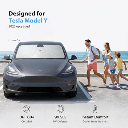 2026 Upgraded Windshield Sun Shade Umbrella for Tesla Model Y [Precision Custom Fit, Superior UV & Heat Block] Cooling Tech Fabric, Durable Foldable with Storage Bag, Fits 2020-2026 Juniper