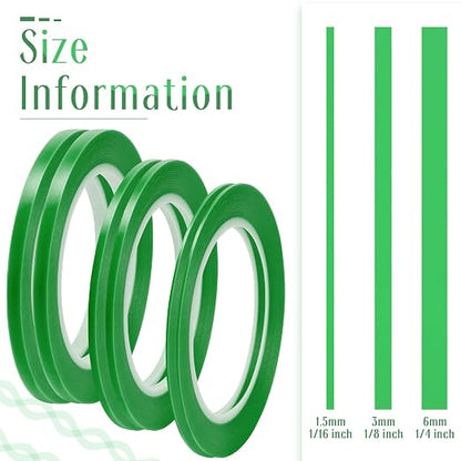 Nezyo 6 Pcs Vinyl Pinstripe Tapes Masking Painter Tapes High Temperature Low Tack Automotive Car Paint for Easy Removal Trim Thin Finishing Masking (Green,1/16,1/8, 1/4 Inch)