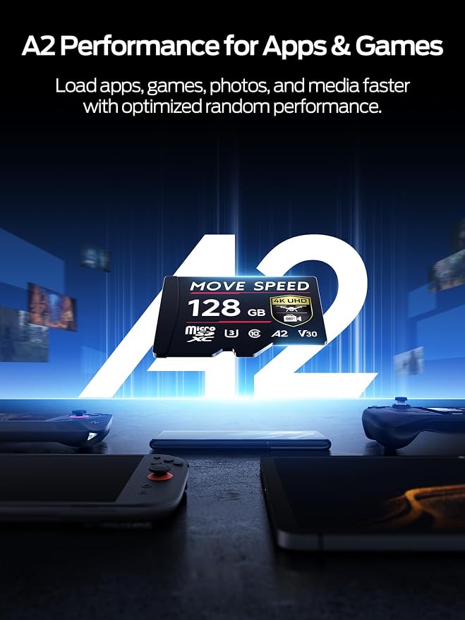 MOVE SPEED 128GB Professional microSDXC Memory Card, U3 V30 A2, Up to 170MB/s Read, 4K UHD Recording, High-Speed TF Card for Cameras, Drones, Dash Cams, Android & Handheld Gaming