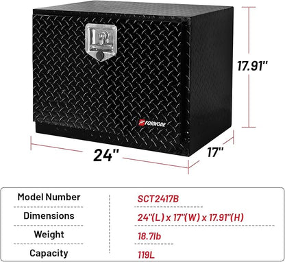 FORWODE 24x17x18 Inch Underbody Truck Tool Box Aluminum Trailer Tool Box with Lock & Foldable T-Handle Waterproof Truck Storage Box for Pickup Truck, Trailer, RV, ATV, Indoor（BLACK）