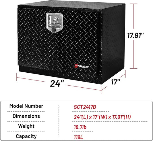 FORWODE 24x17x18 Inch Underbody Truck Tool Box Aluminum Trailer Tool Box with Lock & Foldable T-Handle Waterproof Truck Storage Box for Pickup Truck, Trailer, RV, ATV, Indoor（BLACK）