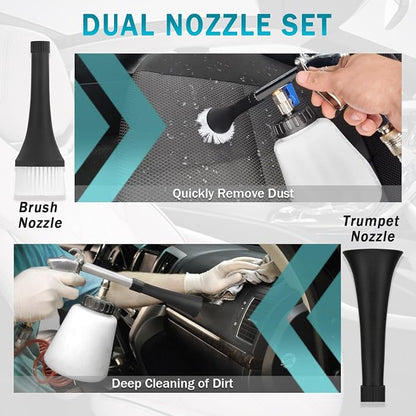 Car Cleaning Air Gun with 2 Nozzle Sets,Foam Bottle, Brush Head, Cleaning Sponge,Interior Cleaning Kit for Vehicle Upholstery, Carpet, and Seats