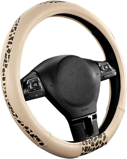 Road Comforts Steering Wheel Cover - Flat Bottom Wheel Cover Made with PVC Leather and Leopard Fabric - Universal Fit for 15-Inch D-Shaped Automotive Steering Wheels (Milky White)