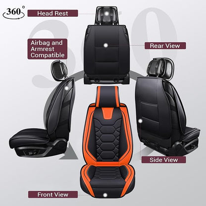 OASIS AUTO Car Seat Covers Front Seats, Sporty Honeycomb Waterproof Faux Leather Protectors, Universal Fit for SUV, Sedan, Truck Interior Accessories (OS-004 Black&Orange)