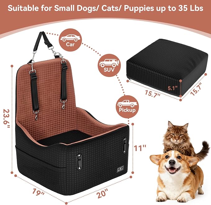 PETSFIT Dog Car Seat for Small/Medium Dogs Up to 35 lbs – Patented Safety System, 5" Memory Foam Pet Booster Car Seat, Fully Detachable and Washable Dog Carseat with 2 Storage Pockets (Black/Brown)
