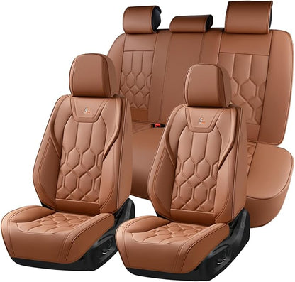 Huidasource Seat Covers Full Set, Universal Fit for Most Cars SUVs Trucks, Full Coverage Leather Automotive Seat Cover, Airbag, Cupholder Compatible, Seat Function Retain, Velcro Adjustable, Brown