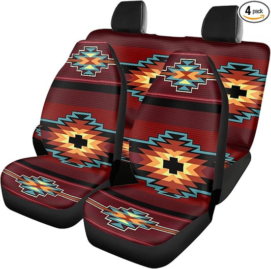 Southwest Native American Tribal Car Seat Covers Full Set,Aztec Red Print Navajo Design Vehicle Front Rear Bench Cushion Protectors Auto Interior Accessories Universal Fit for Trucks Sedans