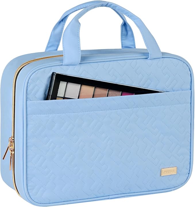NISHEL Travel Toiletry Bag for women, Portable Hanging Organizer for Full-Sized Shampoo, Conditioner, Brushes Set, Makeup Accessories, Large Size, Placid-Blue