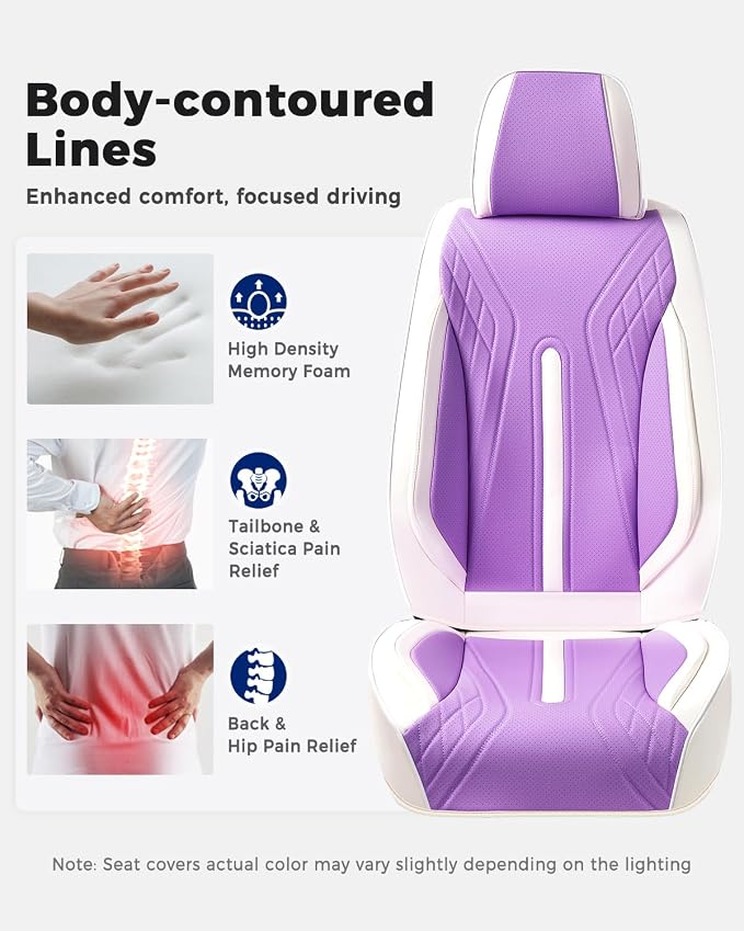 Huidasource Car Seat Covers Full Set, Universal Fit for Most Cars SUV Trucks, Full Coverage Nappa Leather Seat Cover, Airbag, Cupholder Compatible, Seat Function Retain, White&Purple