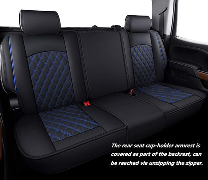 Aierxuan Seat Covers for 2007-2026 GMC Sierra Chevy Chevrolet Silverado 1500 2500HD 3500HD Trail Boss Z71 Crew Double Extended Cab Waterproof Leather Truck Pickup Cuchion(Full Set, Black-Blue)