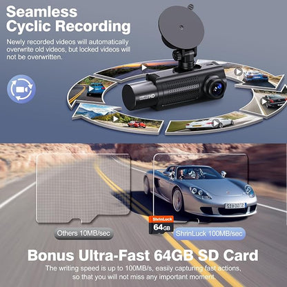 4K+1080P+1080P 5.8GHz WiFi Dash Cam Front and Rear Inside, Free 64G SD Card, 4K UHD 3 Channel Dash Camera for Cars, 360° All Sides Dashcam, G-Sensor, Night Vision, WDR, 24H Parking Monitor