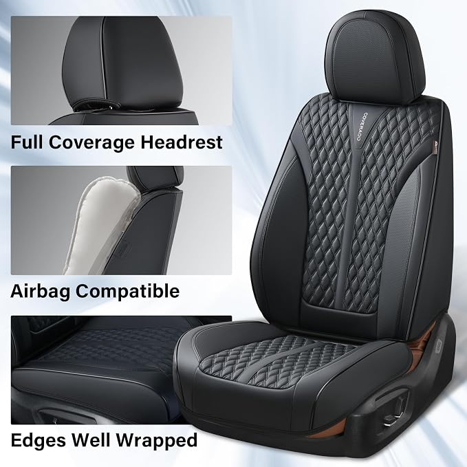Coverado Car Seat Covers Full Set, 5 Seats Luxury Nappa Leather Seat Covers for Cars, Car Seat Cover Waterproof, Front and Back Car Seat Protector, Black Car Seat Covers Universal Fit for Most Cars