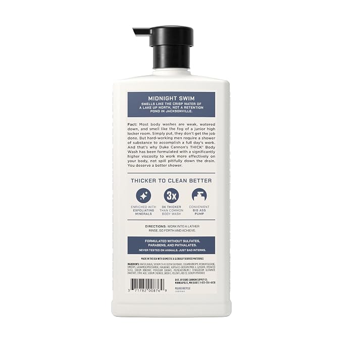 Duke Cannon Supply Co. THICK High Viscosity Body Wash for Men - 30 fl oz - Midnight Swim - Sandalwood + Lavender Scent - Mineral-Enriched, Cleansing Shower Gel