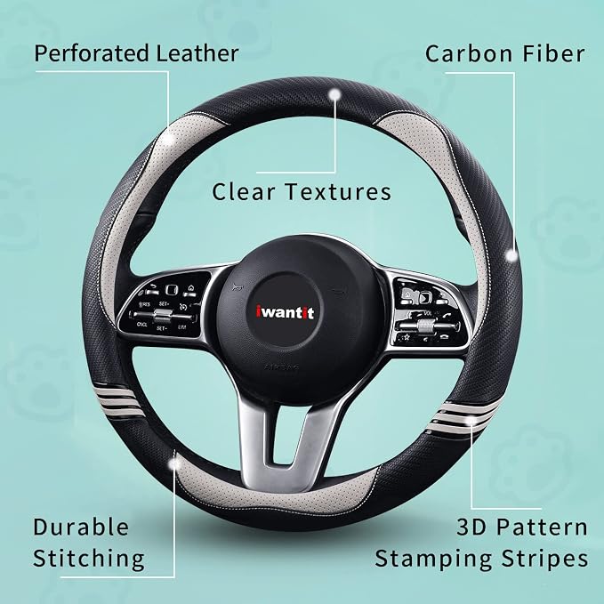 Iwantit® Cute Steering Wheel Cover for Women, Pu Leather with Anti-Slip Rubber Ring, Steering Wheel Protector for Men, Universal Fit 14.5-15 inches for Cars,SUV (Pearl White)