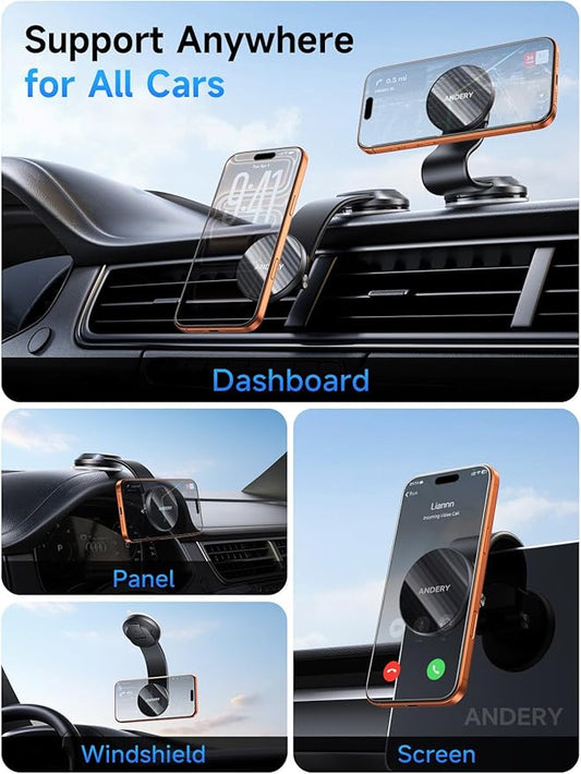 ANDERY Car Phone Holder for MagSafe [360° Adjustable Memory Alloy Arm | 2400gf Strongest Magnetic Power] Bendable Car Mount, Phone Holders for Your Car for iPhone 17-12 Pro Max Air Plus All Smartphone