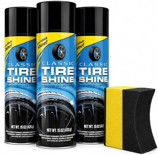 Tire Shine Spray 3 Pack High Gloss Wet Look UV Protection 15oz w/Pad | Professional-grade formula resists water and rain. Safe for all rubber types. Prevents cracking and fading from sun damage.