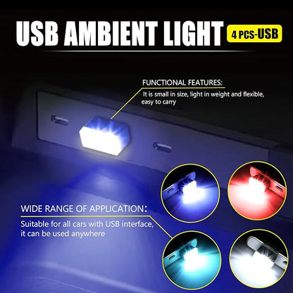4 PCS USB LED Car Interior Atmosphere Lamp, Portable Mini Auto LED Decor Night Light, Plug-in USB Interface Ambient Lighting Kit, Universal Car Interior Accessories(White+Blue+Red+Ice Blue)