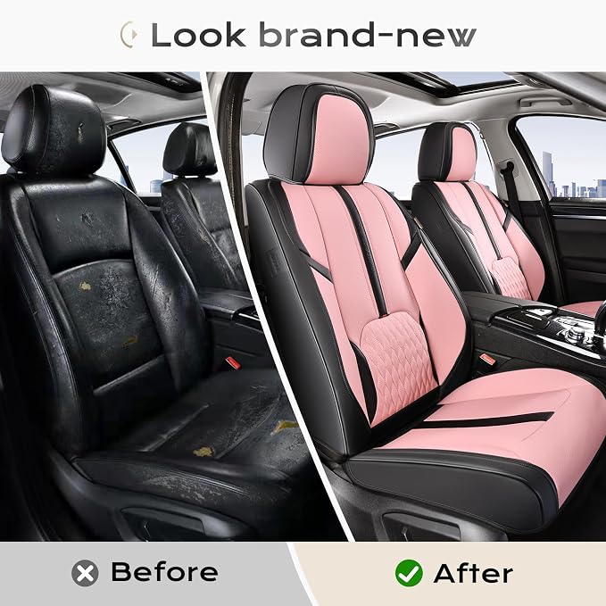Coverado Seat Covers for Cars, Automotive Seat Covers for Front Seat, Leather Car Seat Covers, Waterproof Car Seat Protector, Universal Car Seat Cushions Fit for Most Cars SUV Trucks (Black&Pink)