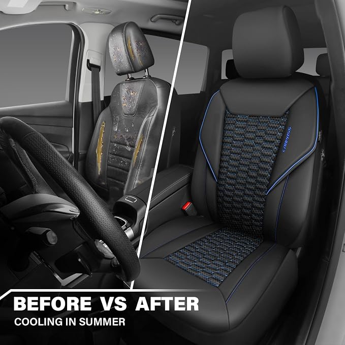 CAR PASS 3D Foam PU Leather Car Seat Covers Front Seats, Blue Faux Leather Front Seat Covers for Car, Universal Fit for SUV Truck Sedan Automotive, Armrest Airbag Compatible,Black and Blue