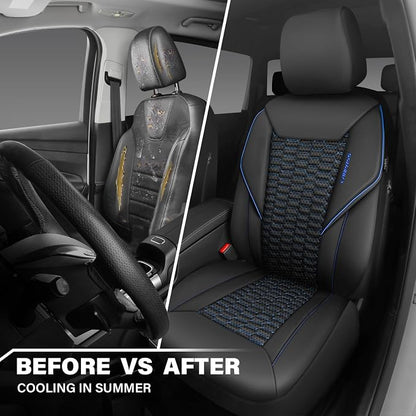 CAR PASS 3D Foam PU Leather Car Seat Covers Front Seats, Blue Faux Leather Front Seat Covers for Car, Universal Fit for SUV Truck Sedan Automotive, Armrest Airbag Compatible,Black and Blue