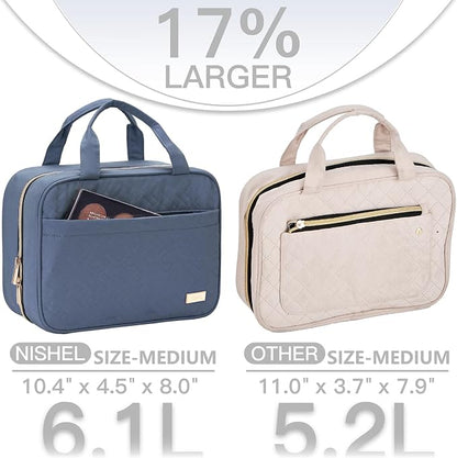 NISHEL Travel Toiletry Bag for women, Portable Hanging Organizer for Travel-Sized Shampoo, Conditioner, Brushes Set, Makeup Accessories, Medium Size, Aegean-Blue