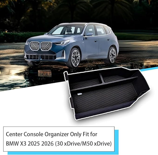 Center Console Organizer Fit For BMW X3 2025 2026 (30 xDrive/M50 xDrive) , ABS Plastic & Anti-Slip Rubber Console Storage Box with Charging Hole, Center Organizer for 2025 2026 BMW X3 Accessories