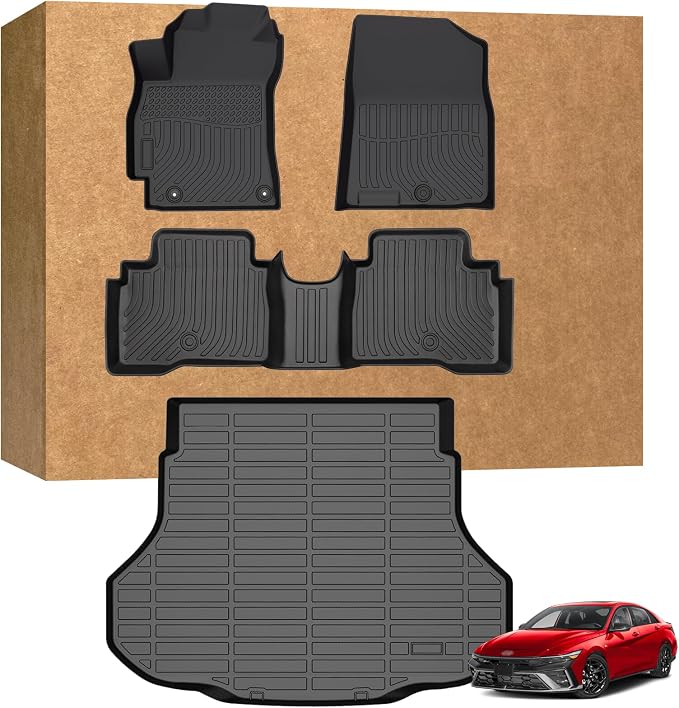 Floor Mats & Cargo Mats Set for Hyundai Elantra Hybrid 2021-2025 2026, All Weather Floor Liners Anti-Slip Car Full Set Floor Liners Custom Automotive Floor Mats TPE with Front & 2nd Row & Trunk mat