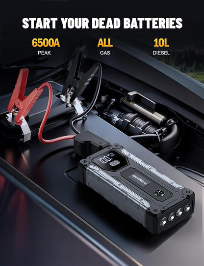 Sharmeal Car Jump Starter 6500A, Jump Starter Battery Pack for All Gas and 10.0L Diesel, 12V Portable Jump Box with LED Light