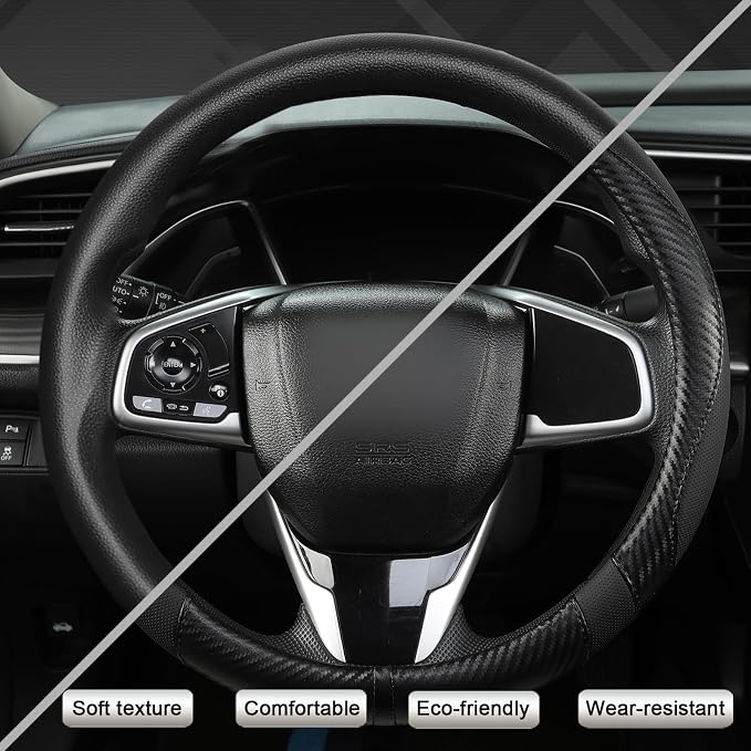 West Llama Carbon Fiber Car Steering Wheel Cover for Honda,Anti-Slip, Full Surround Breathable Leather Auto Protector(Black only)