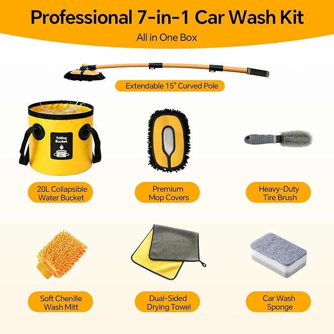 7-in-1 Car Wash Kit with 20L Collapsible Bucket, 15° Curved Mop with 40.5" Long Handle, 0.84mm Reinforced Aluminum Pole, Professional Car Cleaning Supplies for SUV, Trucks & RVs-Yellow.