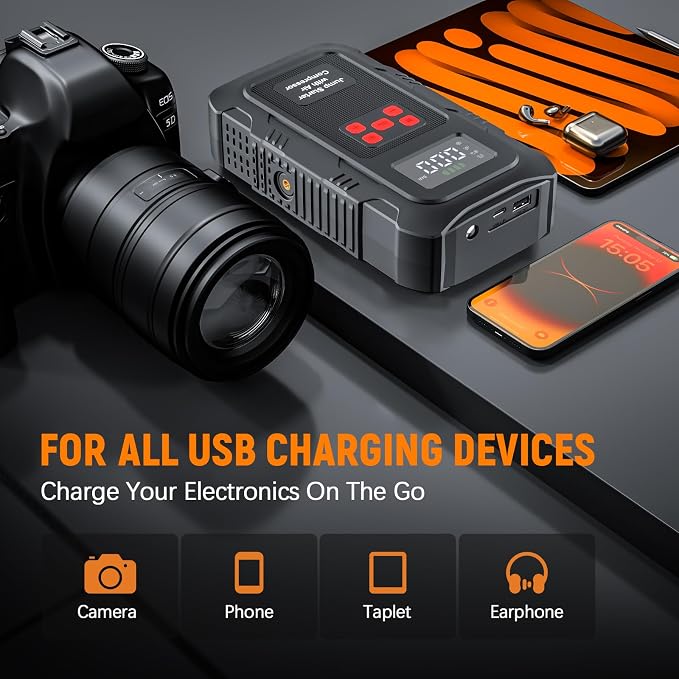 6000A Jump Starter with Air Compressor, Portable Car Battery Jump Starter with 150 PSI Tire Inflator for Up to 10.0L Gas and 8.0L Diesel Engines, 12V Jump Box with LCD Display