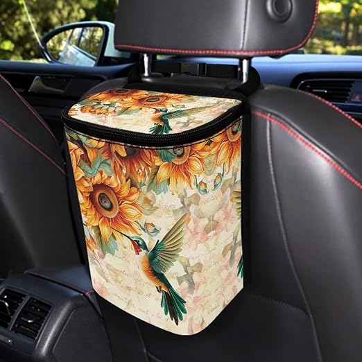BIGCARJOB Universal Car Trash Bag for Back Seat, Hummingbird Sunflower Print Hanging Trash Can With Lid, Multi-Use Storage Organizer, Interior Accessories