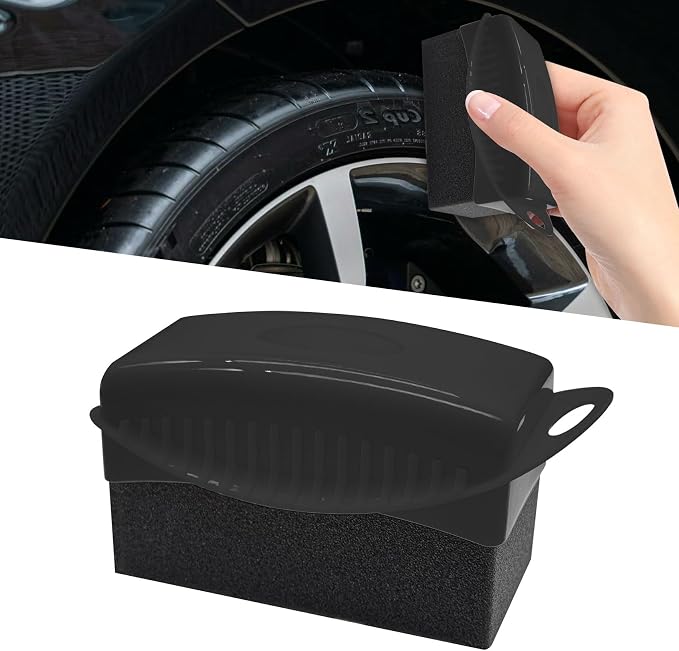 Tire Dressing Applicator, Tire Shine Applicator, Wheel Waxing Wipe Polishing Sponge with Lid, Car Accessories Reusable Wheel Detailing Foam Fit for Vehicle Waxing Polishing Cleaning (Black)