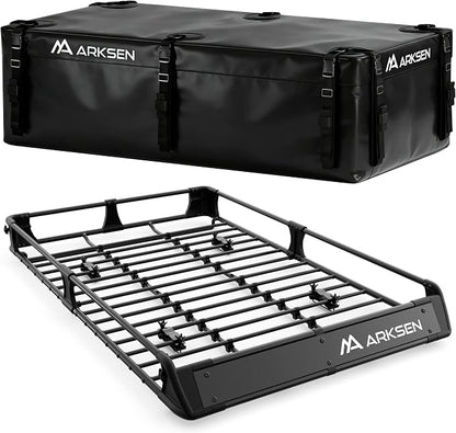 ARKSEN 2-in-1 Foldable Fairing Roof Rack Cargo Basket with Waterproof Bag, 64" x 39" Heavy Duty Steel Rooftop Carrier, 250 lbs Max Load, Fits SUV Truck Pickup for Kayaks, Canoes & Luggage