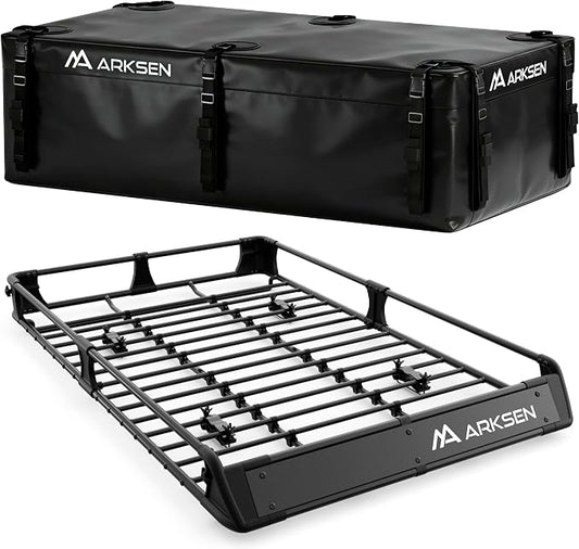 ARKSEN 2-in-1 Foldable Fairing Roof Rack Cargo Basket with Waterproof Bag, 64" x 39" Heavy Duty Steel Rooftop Carrier, 250 lbs Max Load, Fits SUV Truck Pickup for Kayaks, Canoes & Luggage
