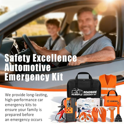 Car Roadside Emergency Kit, Jump Starter with Air Compressor, First Aid Kit, Tow Rope, Roadside Safety Emergency Tool Kit for Women, Men, Teen (Orange)