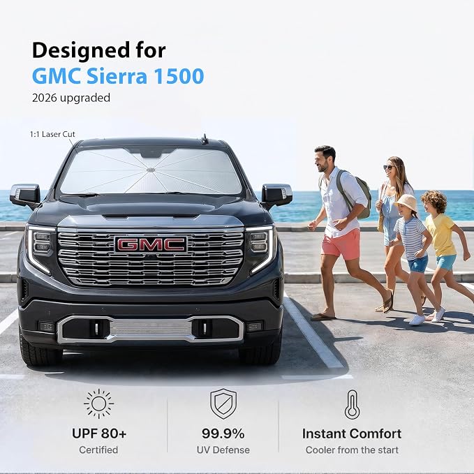 2026 Upgraded Windshield Sun Shade Umbrella for GMC Sierra 1500 [Precision Custom Fit, Superior UV & Heat Block] Cooling Tech Fabric, Durable Foldable with Storage Bag, Fits 2000-2026