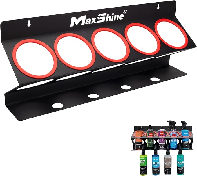 Maxshine Universal Detailing Spray Bottle Holder – Mobile Detailing & Car Garage Organizer, Holds 5 Bottles (16/32oz) with 4 Small Holes – Lightweight Design, Easy Wall Mounting (Brand)