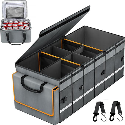 GDNasist Car Trunk Organizer and Storage with Removable Leakproof Cooler Bag, 6 Removable Dividers for Custom Space, Collapsible Trunk Storage with Non Slip Bottom, Foldable Cover for SUV, Jeep, MPVs