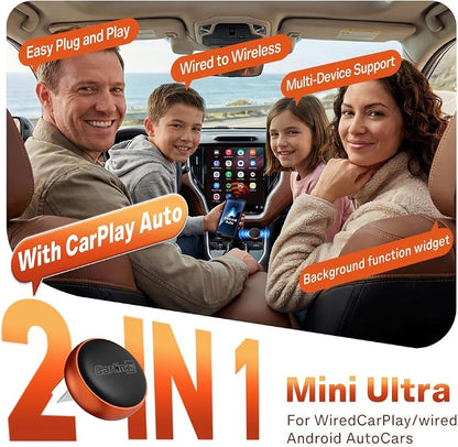 CarlinKit Mini Ultra 2026 – Wireless 2-in-1 CarPlay & Android Auto Adapter | Orange | Plug & Play | Converts Factory Wired to Wireless | Auto Connect | for iPhone & Android | Ultra-Compact Design