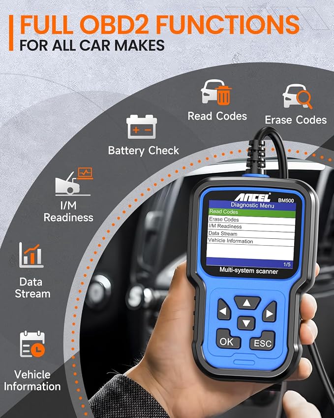 ANCEL BM500 OBD2 Scanner for BMW & MINI, Simplified Battery Registration, EPB, Oil, Throttle, PCM Resets, I/M Readiness, Full System Diagnostics for Engine, Transmission, ABS, SRS, DSC & More
