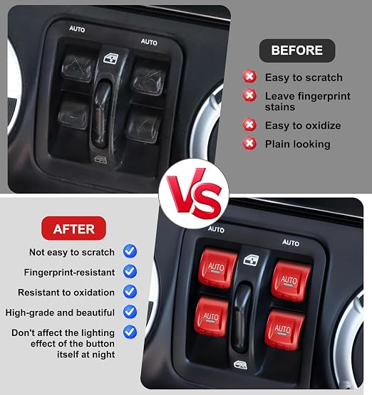 Upgrade Metal Window Switch Button Cover Fit for Jeep Wrangler JK JKU 2018 2017 2016 2015 2014 2013 2012 2011 Accessories,Interior Trim Kit 4PCS (Red)