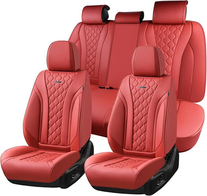 Coverado Car Seat Covers Full Set, Luxury Diamond Leather Car Seat Cover, Waterproof Automotive Seat Protectors, Breathable Car Seat Cushion, Universal 5 Seats Seat Cover Fit for Most Cars, Red