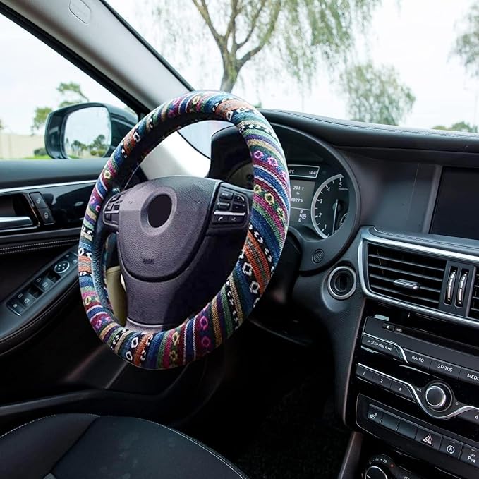 Valleycomfy Boho Steering Wheel Covers for Women Cloth Bohemian Universal 15 inch Baja Blanket Enthic