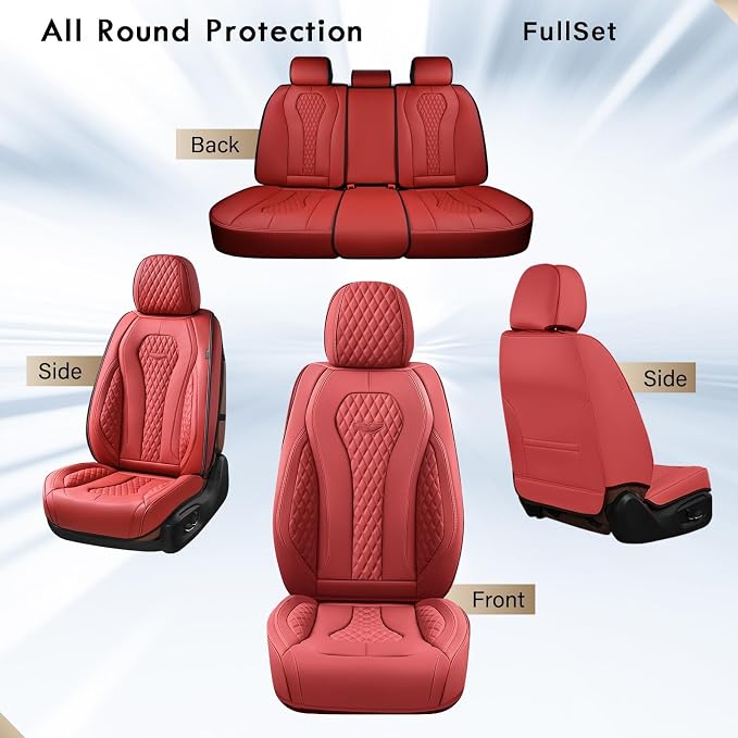Coverado Car Seat Covers Full Set, Seat Covers, Car Seat Cover, Car Seat Covers Front Seats Back Seat Cover, Waterproof Car Seat Cushion, Leather Red Seat Covers Seat Protector Universal Fit Most Cars
