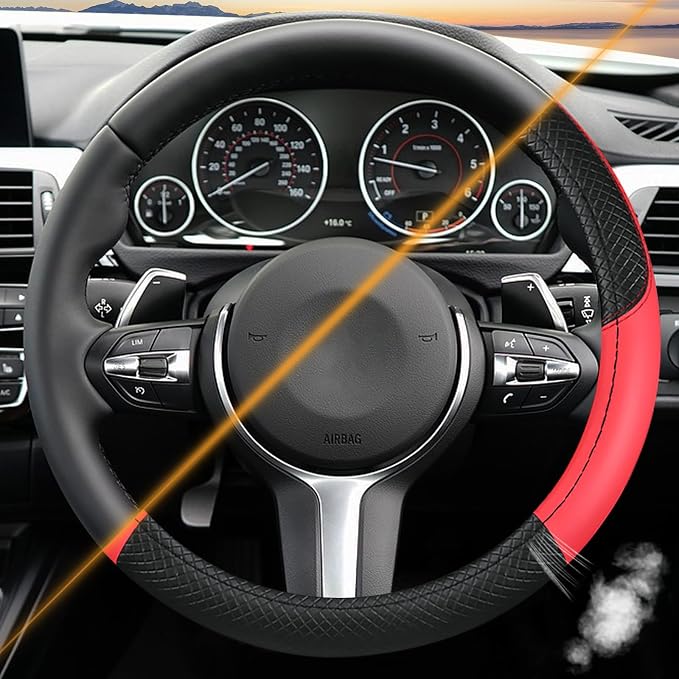 Leather Patchwork Black Red Steering Wheel Cover, 14.5-15 Inch Non-Slip Breathable Microfiber Car Steering Wheel Protector