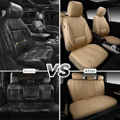 CAR PASS Nappa Leather Seat Covers Full Set, 3D Foam Faux Leather Car Seat Covers with Lumbar Support, Water Resistant Comfort & Universal Fit for Cars SUV Truck Most Vehicles, All Beige