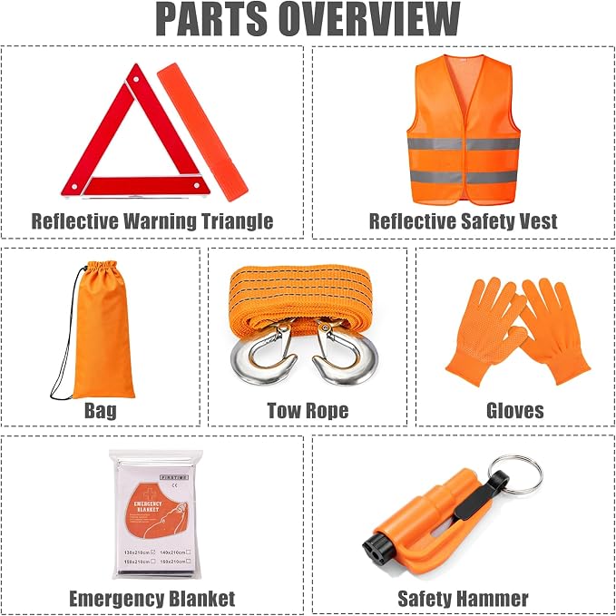 Car Roadside Emergency Kit Automotive Car Safety Kits for Vehicles Woman Man Teen Orange